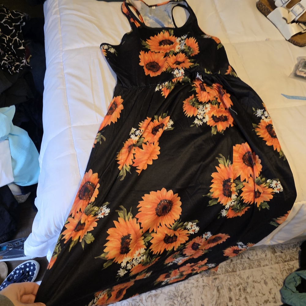 Sunflower Print Black Maxi Dress